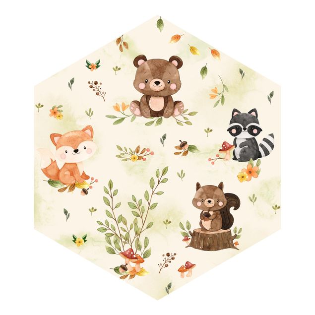 Carta da parati - Animali della foresta in autunno volpe orso scoiattolo procione