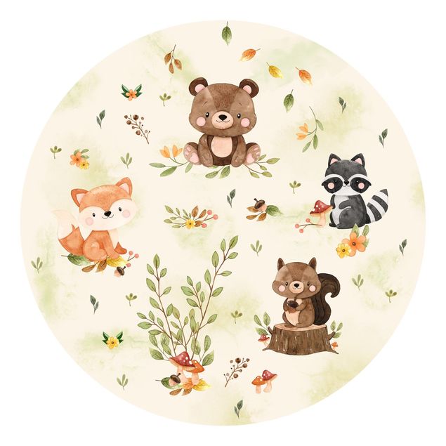 Carta da parati rotonda autoadesiva - Animali della foresta in autunno volpe orso scoiattolo procione