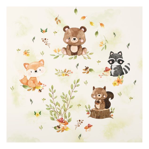 Quadri in vetro - Animali della foresta in autunno volpe orso scoiattolo procione