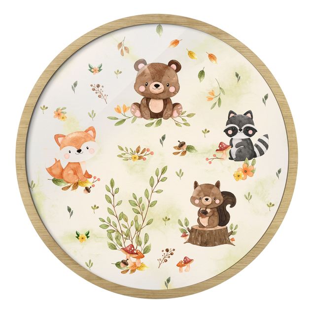 Quadro rotondo incorniciato - Animali della foresta in autunno volpe orso scoiattolo procione