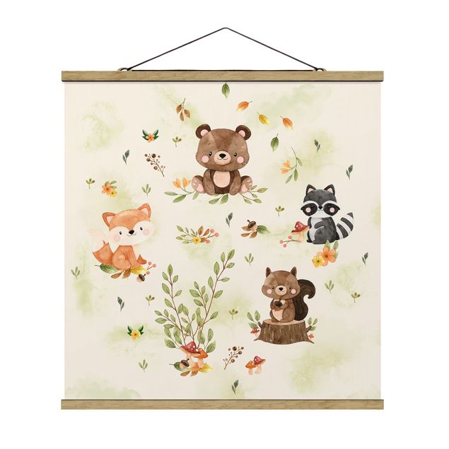 Foto su tessuto da parete con bastone - Animali della foresta in autunno volpe orso scoiattolo procione