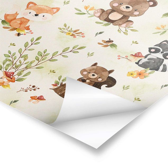 Poster - Animali della foresta in autunno volpe orso scoiattolo procione