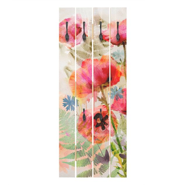 Appendiabiti in legno - fiori di papavero acquerello