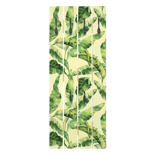 Appendiabiti in legno - Banana Leaves Watercolor - Ganci neri - Verticale