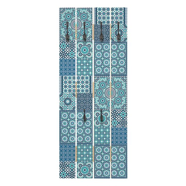Appendiabiti in legno - Moroccan mosaic tiles turquoise - Ganci neri - Verticale