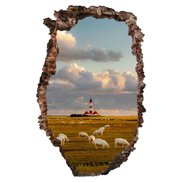 Adesivo murale 3D - North Sea Lighthouse With Sheep Herd - verticale 2:3