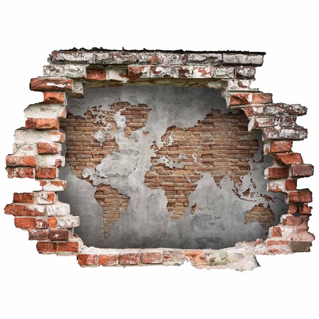 Adesivo murale 3D - Shabby Concrete Brick World Map - orizzontale 3:2