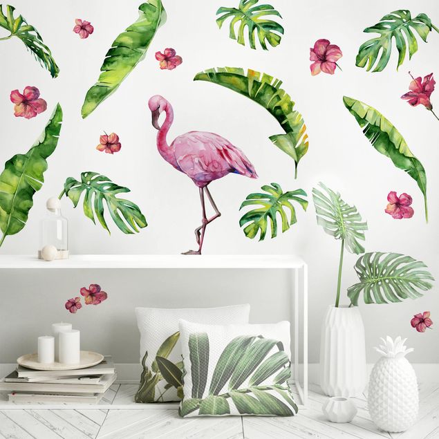 Adesivo murale fenicotteri - Set con fenicottero e foglie tropicali
