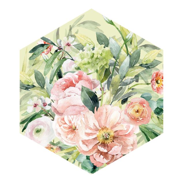 Carta da parati esagonale adesiva con disegni - Acquerello bouquet di rose in fiore