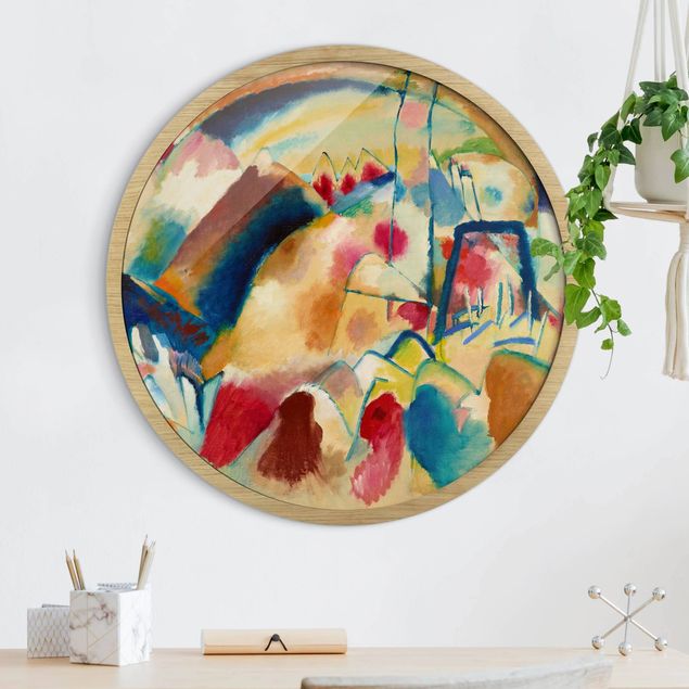 Poster con cornice rotonda Wassily Kandinsky - Paesaggio con chiesa (Paesaggio con macchie rosse)