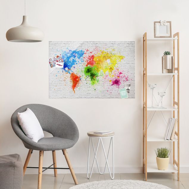 Lavagna magnetica vetro Muro di mattoni bianchi Mappa del mondo
