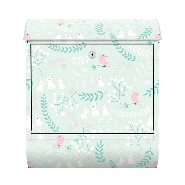 Cassetta postale - Coniglietti bianchi e uccellini rosa nella boscaglia