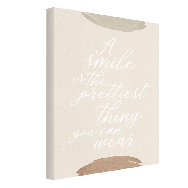 Quadro su tela naturale - Calligrafia bianca - A smile is the prettiest thing - Formato verticale 3:4
