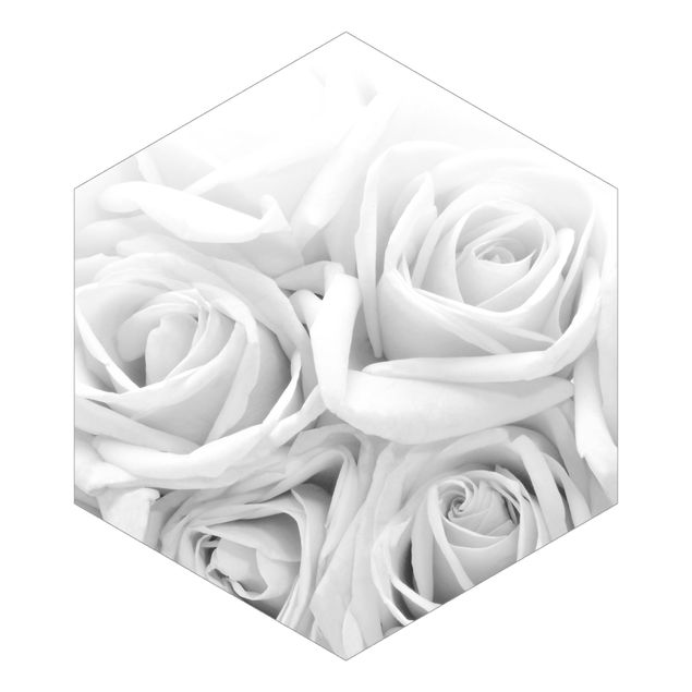 Carta da parati esagonale adesiva con disegni - Rose bianche in bianco e nero