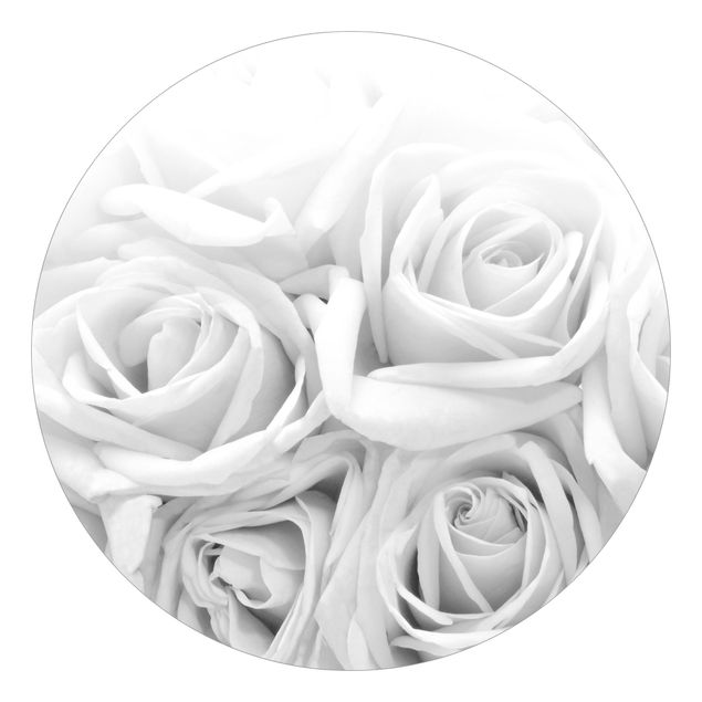 Carta da parati rotonda autoadesiva - Rose bianche in bianco e nero