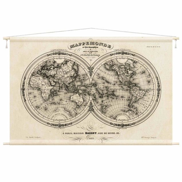 Arazzi da parete grande Mappamondo - Carta francese degli emisferi del 1848