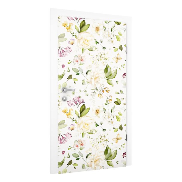carta da parati effetto acquerello Motivo di fiori di campo e rose bianche acquarello