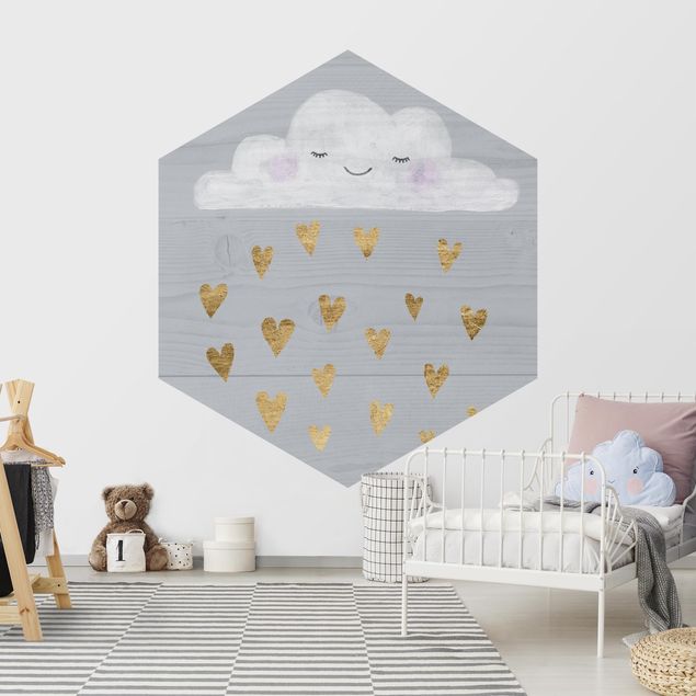 Carta da parati esagonale adesiva con disegni - Nuvola con cuori dorati