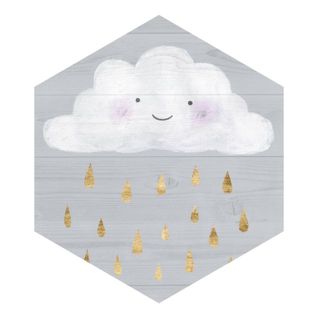 Carta da parati esagonale adesiva con disegni - Nuvola con gocce di pioggia dorate