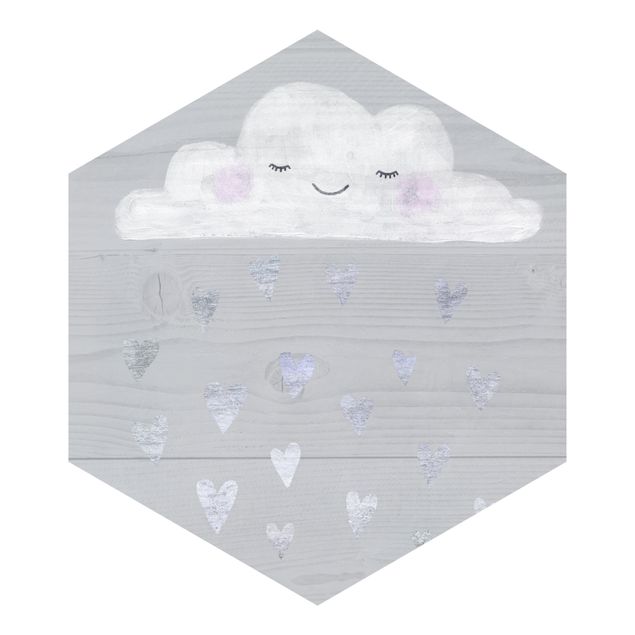 Carta da parati esagonale adesiva con disegni - Nuvola con cuori argentati