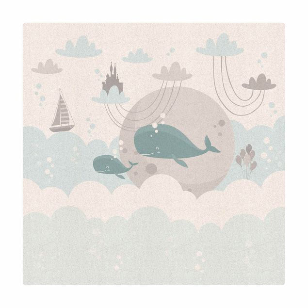 Tappetino di sughero - Nuvole con balena e castello - Quadrato 1:1