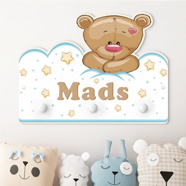 Wandgarderobe mit Tieren Kinderzimmer Orsacchiotto Teddy e Nuvole con nome personalizzato