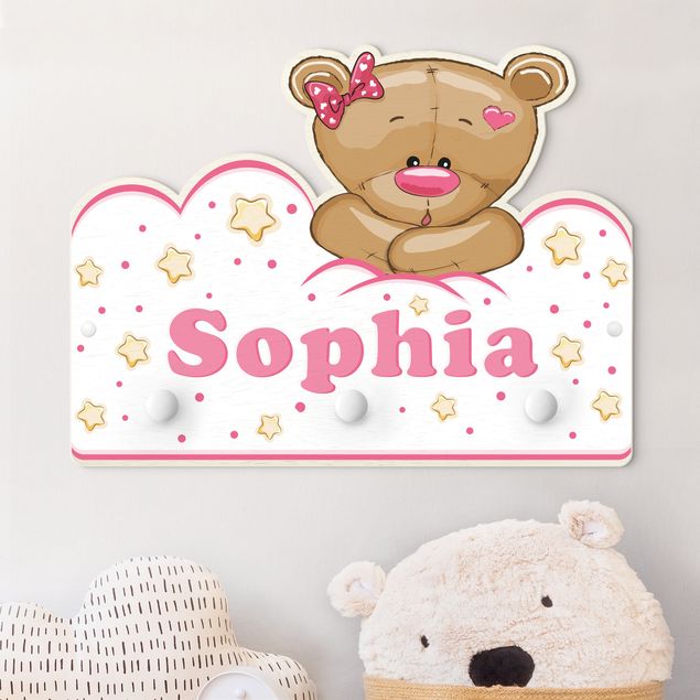 Kinderzimmer Wandgarderobe mit Tieren Orsacchiotto Teddy e Nuvole Rosa Con Nome Personalizzato
