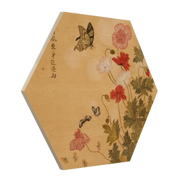 Esagono in legno - Yuanyu Ma - Papaveri  e farfalle
