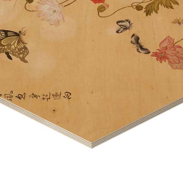 Esagono in legno - Yuanyu Ma - Papaveri  e farfalle