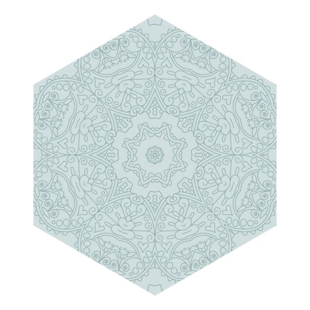 Carta da parati esagonale adesiva con disegni - Fiore mandala dentato con stella in turchese