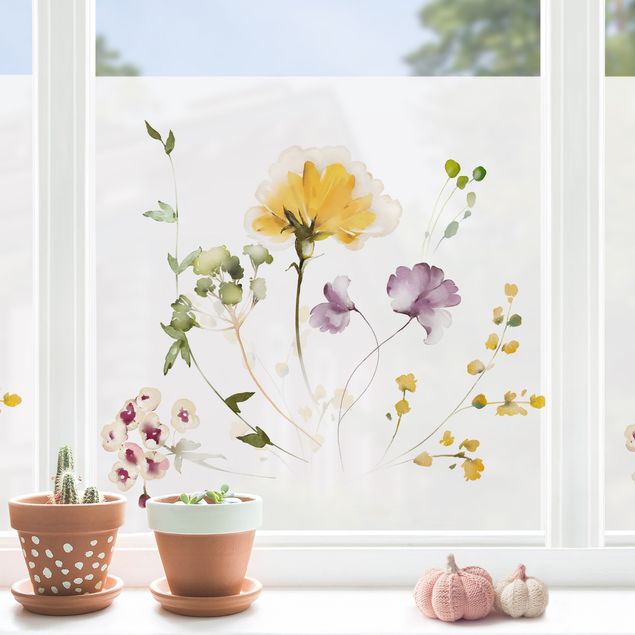 Pellicola per vetri con erbe Delicati fiori ad acquerello giallo-viola