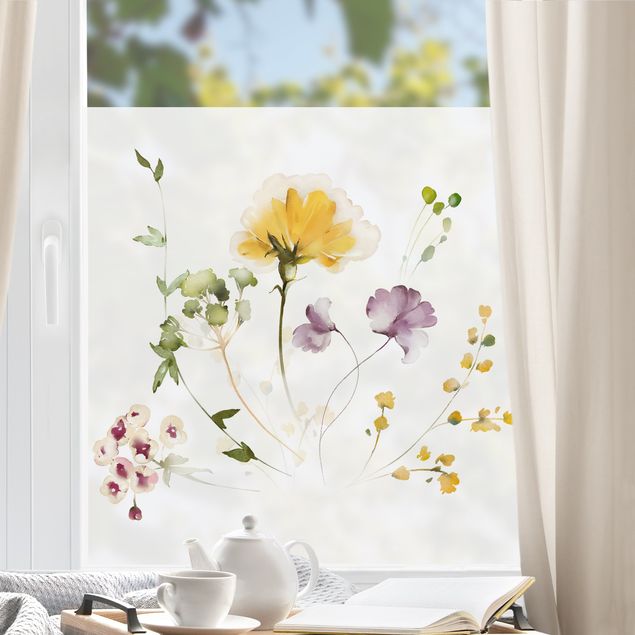 Pellicola per vetri per salone Delicati fiori ad acquerello giallo-viola