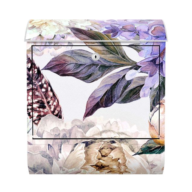 Cassetta postale - Trama di fiori delicati  e piume boho in acquerello