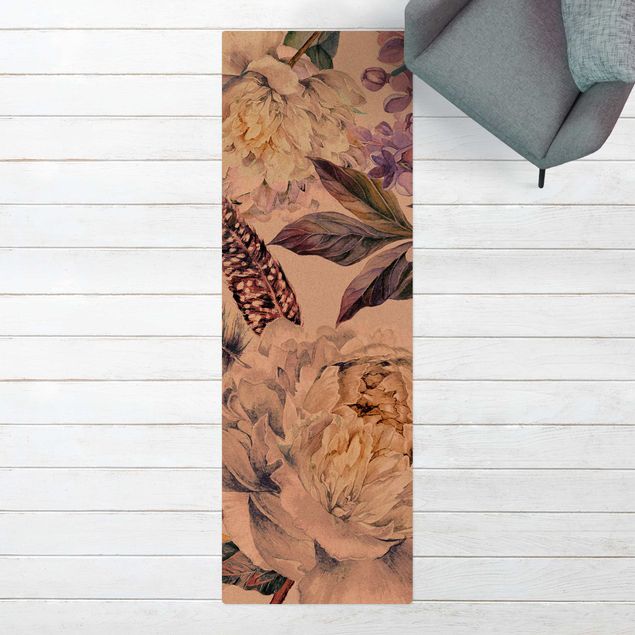 Tappeti moderni Delicato motivo di fiori e piume Boho in acquerello