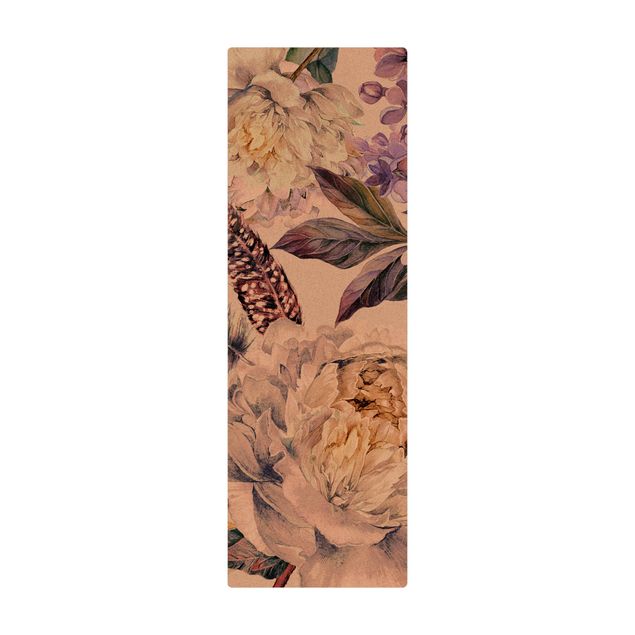 Tappetino di sughero - Trama di fiori delicati  e piume boho in acquerello - Formato verticale 1:2
