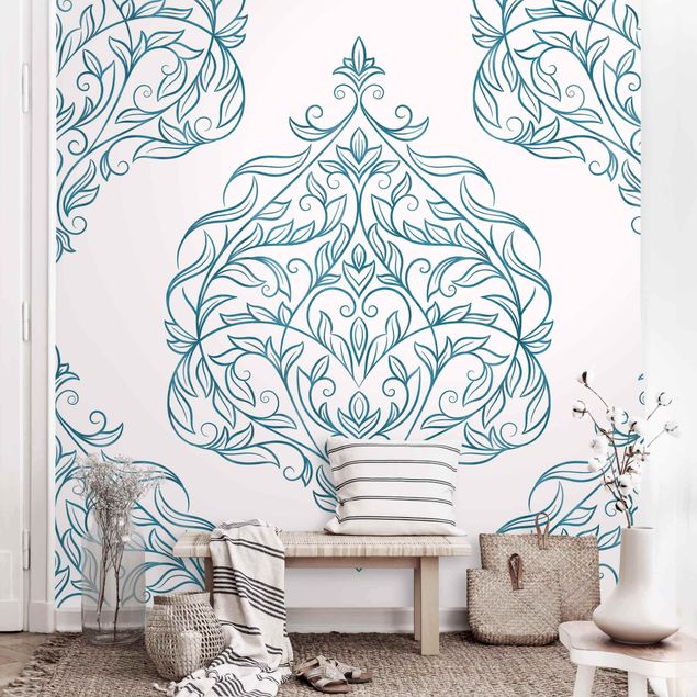 Carta da parati ornamentale camera da letto Delicato motivo Art Nouveau in blu