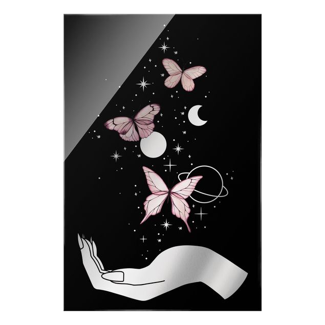 Quadro in vetro - Mano magica - Farfalle rosa - Formato verticale