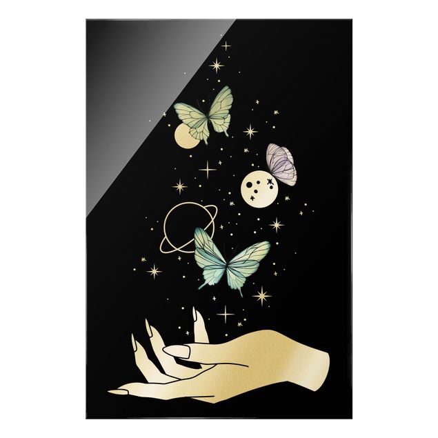 Quadro in vetro - Mano magica - Farfalle e pianeti - Formato verticale