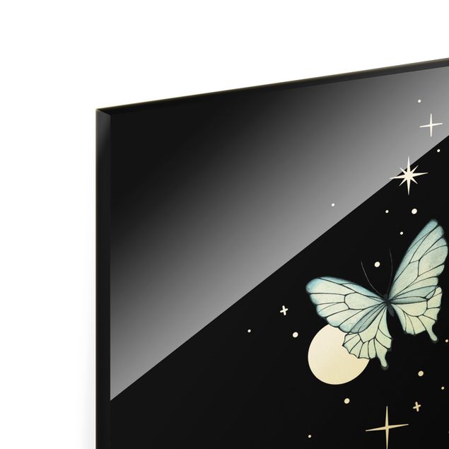 Quadro in vetro - Mano magica - Farfalle e pianeti - Formato verticale
