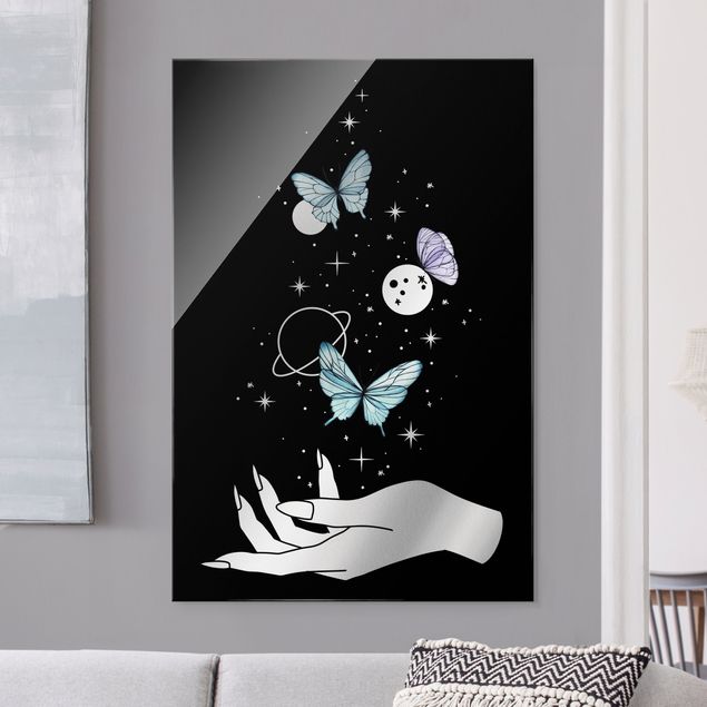 Lavagna magnetica in vetro Mano magica - Farfalle e pianeti