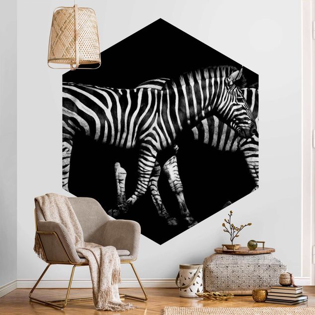 Carta da parati esagonale adesiva con disegni - Zebra su sfondo nero