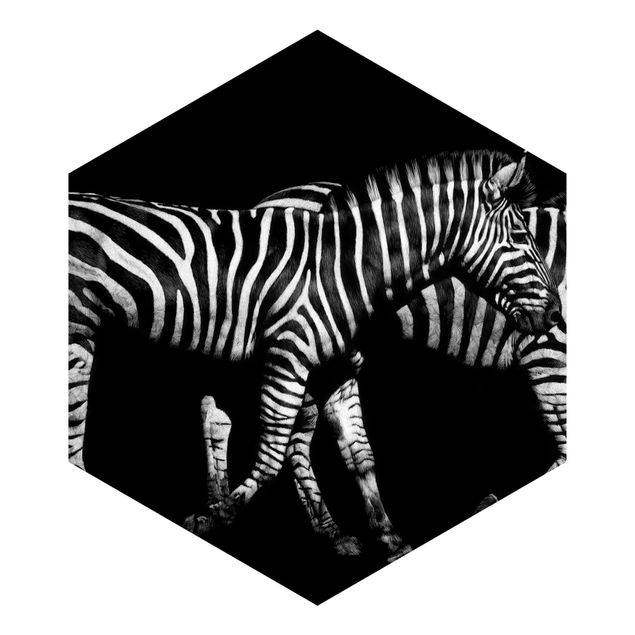 Carta da parati esagonale adesiva con disegni - Zebra su sfondo nero