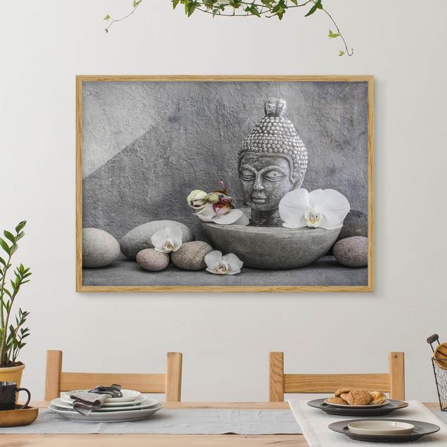 Poster con cornice - Buddha zen, orchidee e pietre