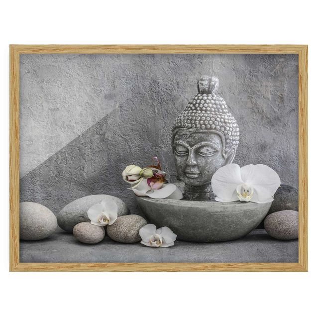 Poster con cornice - Buddha zen, orchidee e pietre